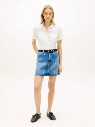 Allover Crest høyt liv denim miniskjørt