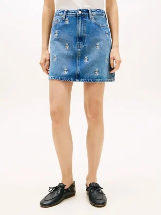 Allover Crest høyt liv denim miniskjørt