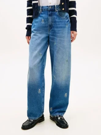 Allover Crest Mid-Rise Barrel Jeans