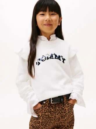 Barnesweater med paljetter, logo og volanger