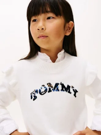 Barnesweater med paljetter, logo og volanger