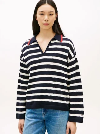 Breton Stripe Pointelle Sweater Polo