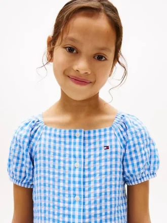 Gingham-kjole med puffermmer for barn