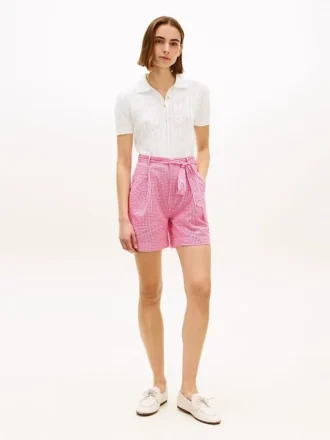 Gingham-seersucker-shorts med belte Gingham-seersucker-shorts med belte