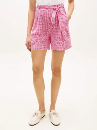 Gingham-seersucker-shorts med belte Gingham-seersucker-shorts med belte
