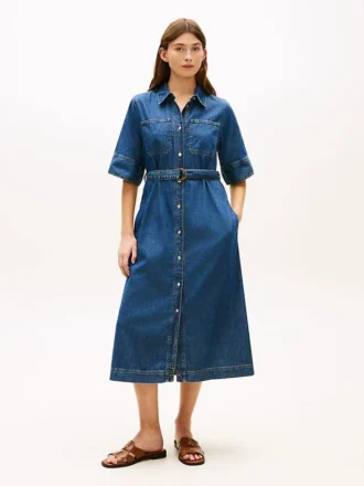 Midi-kjole i denim med belte