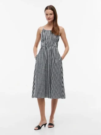 Midi-kjole i linblanding med gingham-mønster