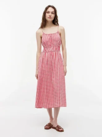 Midi-kjole i linblanding med gingham-mønster