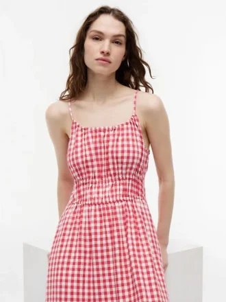 Midi-kjole i linblanding med gingham-mønster