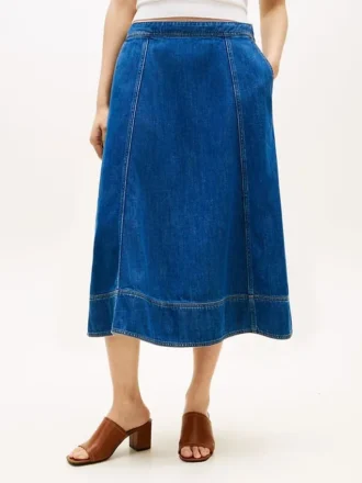 Midi-skjørt i denim med høy midje og utvidet skjørt