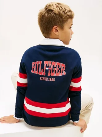Rugby-polo med logo og grafiske striper for barn