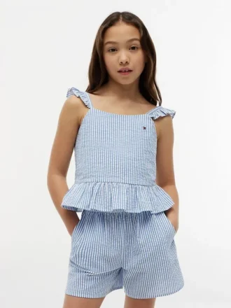 Stripet seersucker-bluse med volanger for barn
