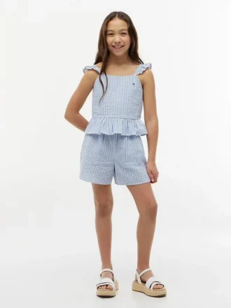 Stripet seersucker-bluse med volanger for barn