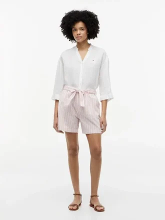 Stripete linen-blend shorts with belt