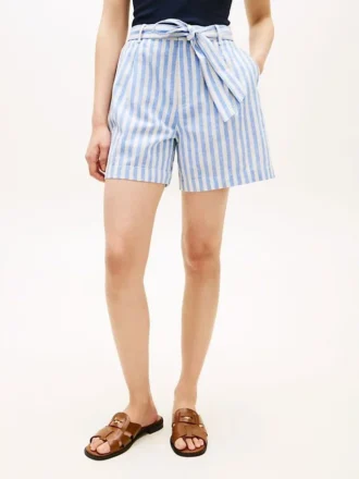 Stripete linen-blend shorts with belt